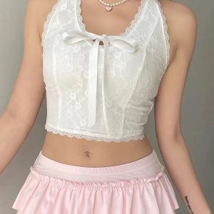 Coquette Aesthetic Bow Halter Neck Top for Y2K Summer Outfits