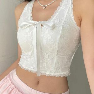 Coquette Aesthetic Bow Halter Neck Top for Y2K Summer Outfits