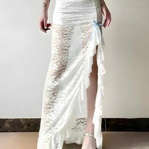 Coquette Aesthetic Lace Ruffled Slit Maxi Skirt for Y2K Summer Vibes