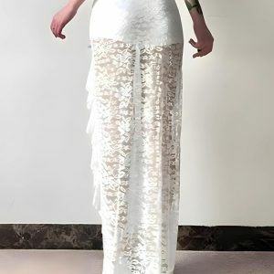 Coquette Aesthetic Lace Ruffled Slit Maxi Skirt for Y2K Summer Vibes