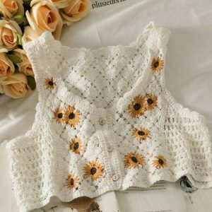 Cottagegore Y2K Knitted Crop Top for Aesthetic Summer Outfits