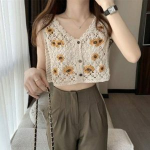 Cottagegore Y2K Knitted Crop Top for Aesthetic Summer Outfits