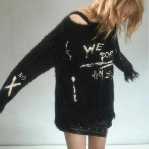 Cozy Grunge Fluffy Knitted Sweater for Y2K Aesthetic Outfits