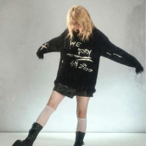 Cozy Grunge Fluffy Knitted Sweater for Y2K Aesthetic Outfits