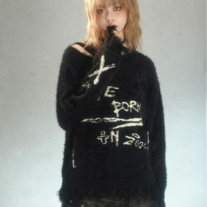 Cozy Grunge Fluffy Knitted Sweater for Y2K Aesthetic Outfits