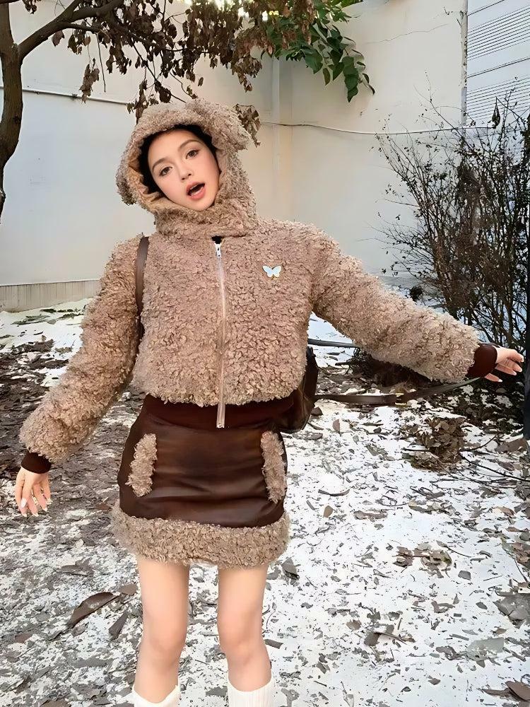 Cozy Rabbit Hood Teddy Two Piece Set for Y2K Fashion Lovers