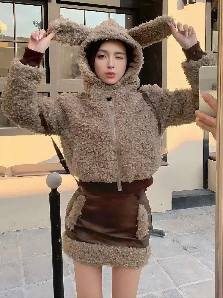 Cozy Rabbit Hood Teddy Two Piece Set for Y2K Fashion Lovers