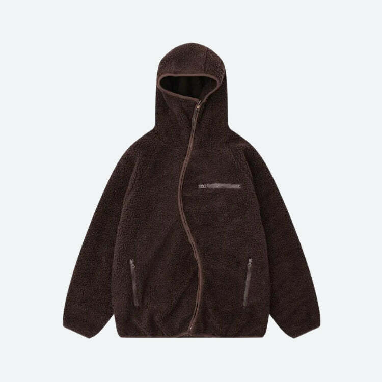 Cozy Y2K Fashion Funnel Neck Zip-Up Teddy Hoodie for Effortless Style