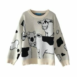 Cozy Y2K Lazy Cow Sweater for Effortless Grunge Aesthetic Outfits