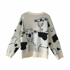 Cozy Y2K Lazy Cow Sweater for Effortless Grunge Aesthetic Outfits