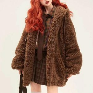 Cozy Y2K Teddy Bear Jacket for Effortless Grunge and 90s Style