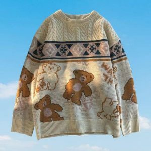 Cozy Y2K Teddy Bear Sweater for Cute Outfits and Aesthetic Vibes