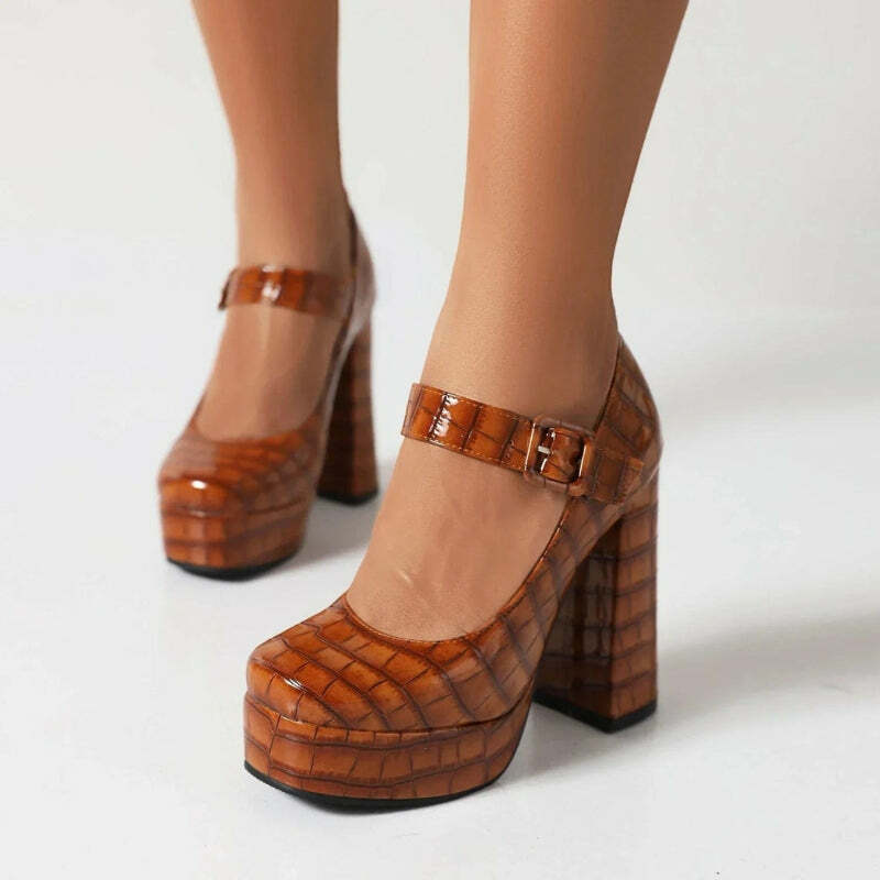 Crocodile Square Toe Platform Heels for Y2K Fashion & Grunge Outfits