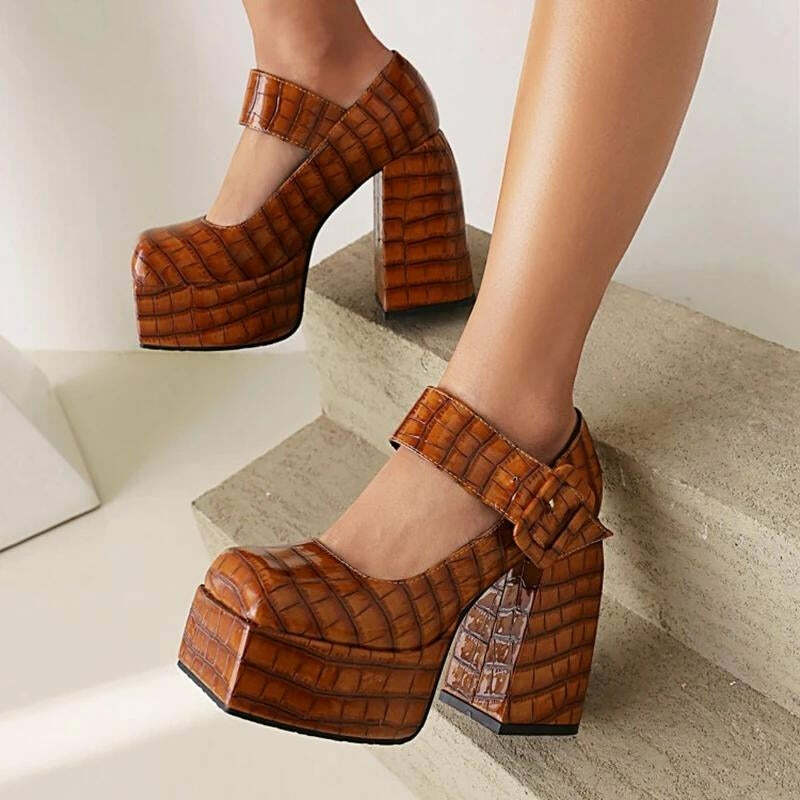 Crocodile Square Toe Platform Heels for Y2K Fashion & Grunge Outfits