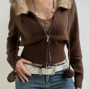 Cropped Zip-Up Cardigan for Y2K Fashion & Grunge Aesthetic Outfits