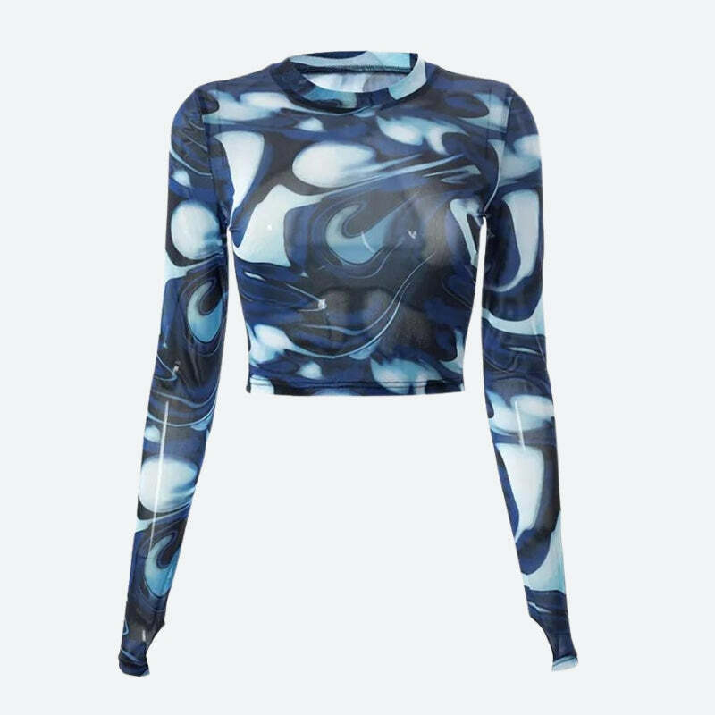 Cyberpunk Blue Aura Sheer Top - Y2K Aesthetic Summer Outfit Essential