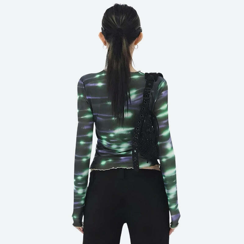 Cyberpunk Green Lights Mesh Top: Y2K Aesthetic for Bold Summer Looks