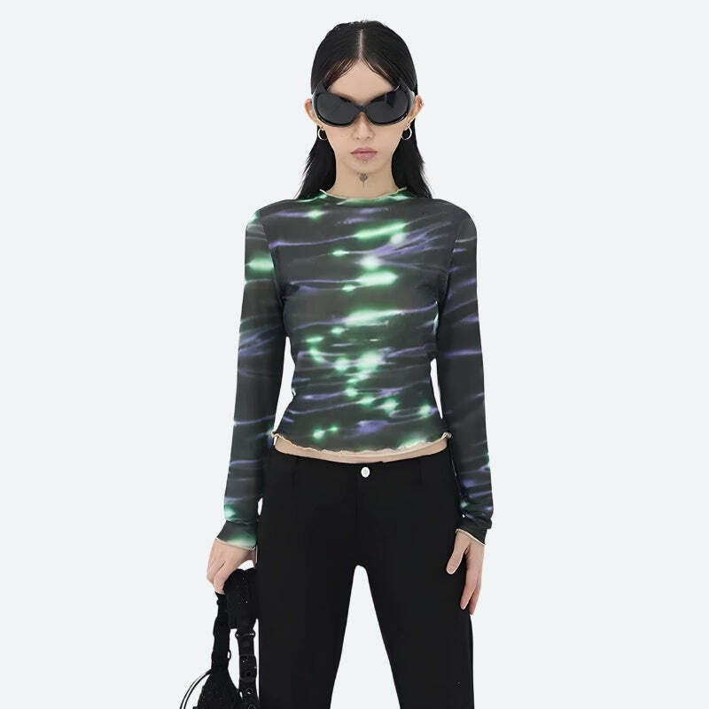 Cyberpunk Green Lights Mesh Top: Y2K Aesthetic for Bold Summer Looks