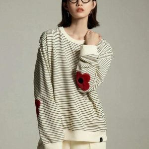 Daisy Embroidered Striped Sweatshirt - Y2K Aesthetic Summer Top