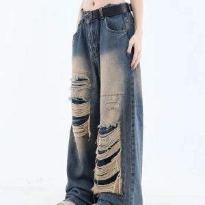 Distressed Dark Wash Grunge Jeans for Y2K and 90s Fashion Lovers