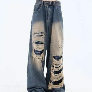 Distressed Dark Wash Grunge Jeans for Y2K and 90s Fashion Lovers