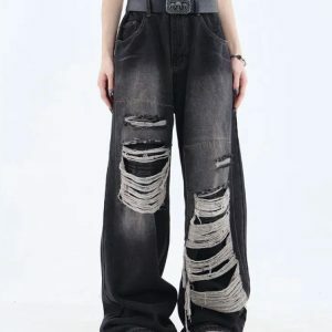 Distressed Dark Wash Grunge Jeans for Y2K and 90s Fashion Lovers