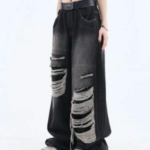 Distressed Dark Wash Grunge Jeans for Y2K and 90s Fashion Lovers