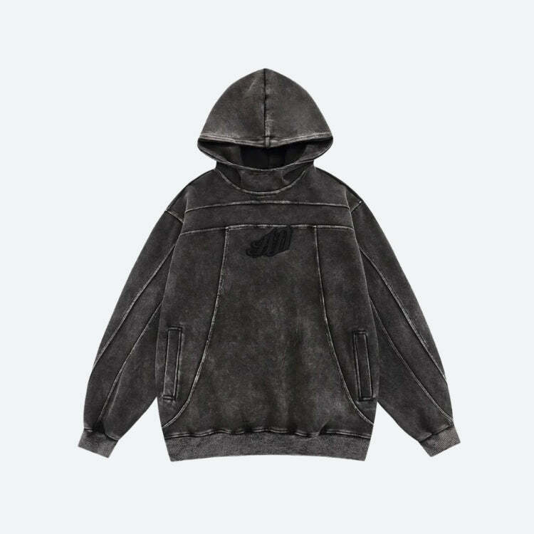 Embroidered Grunge Hoodie in Dark Wash - Y2K Aesthetic Essential