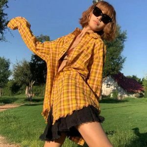 Embroidered Tasseled Plaid Shirt - Y2K Grunge Aesthetic Top for Summer