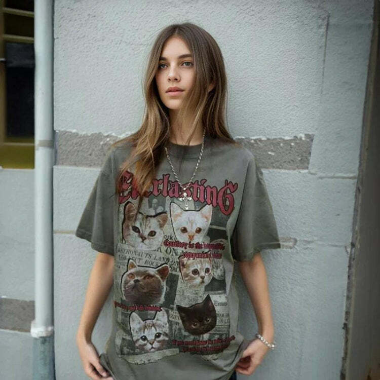 Everlasting Y2K Cats Tee: Trendy Grunge Aesthetic for Summer Outfits