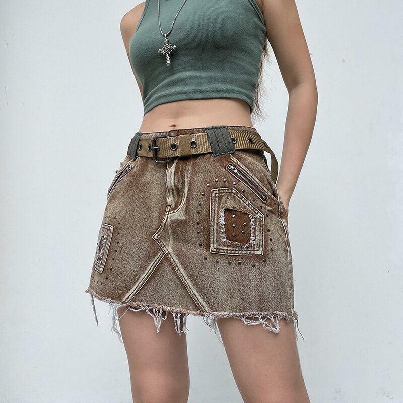 Fairy Grunge Distressed Patchwork Mini Skirt for Y2K Aesthetic Outfits