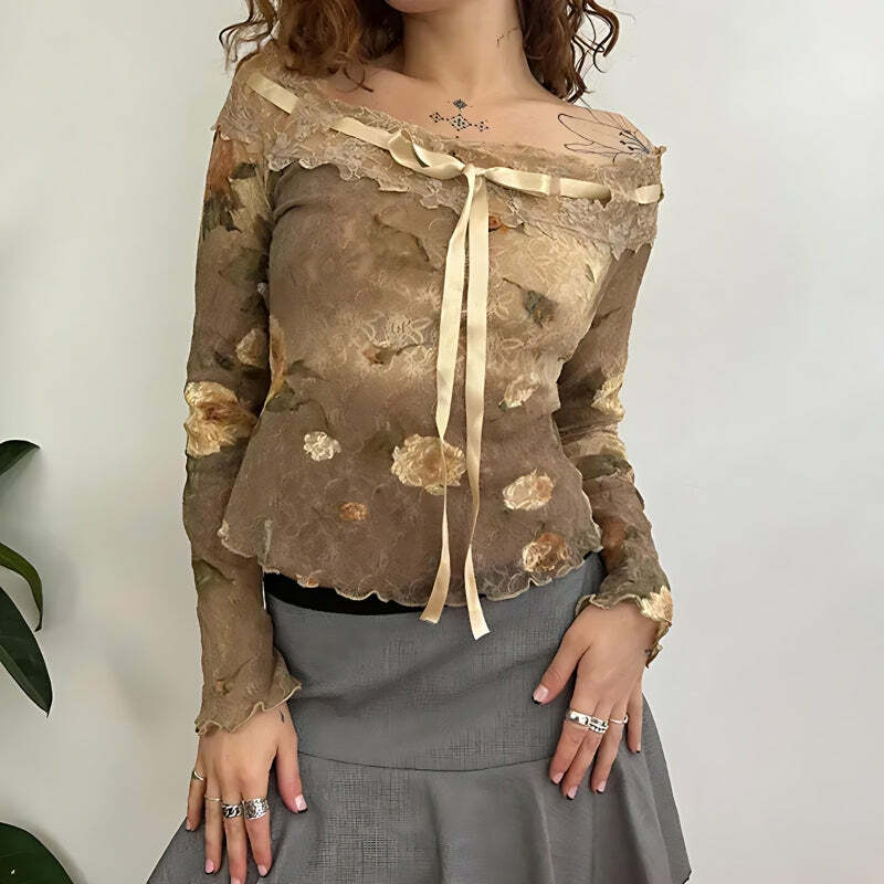 Fairy Grunge Floral Off-Shoulder Lace Top for Y2K Summer Outfits