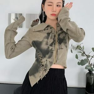 Fairy Grunge Lace-Up Asymmetric Cardigan for Y2K Aesthetic Outfits