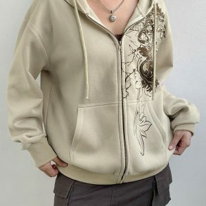 Floral Grunge Zip-Up Hoodie: Y2K Aesthetic for Effortless Style