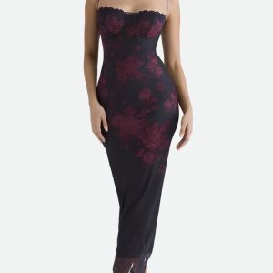 Floral Lace-Up Mesh Maxi Dress: Y2K Summer Outfit for Effortless Style