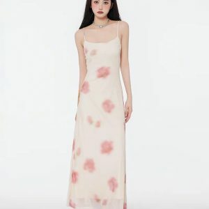 Floral Mesh Spaghetti Strap Maxi Dress - Y2K Summer Aesthetic Style