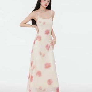 Floral Mesh Spaghetti Strap Maxi Dress - Y2K Summer Aesthetic Style