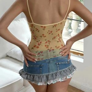 Floral Open Back Mesh Top - Y2K Aesthetic Summer Outfit Essential