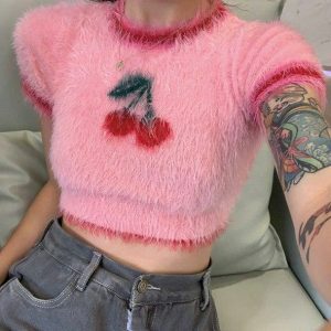 Fluffy Cherry Crop Top: Y2K Aesthetic Summer Outfit Essential