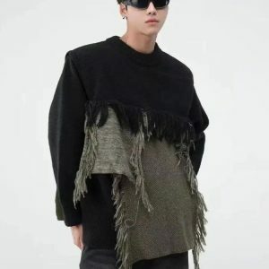 Fringe Patchwork Knitted Sweater - Y2K Aesthetic for Cozy Style