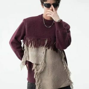 Fringe Patchwork Knitted Sweater - Y2K Aesthetic for Cozy Style