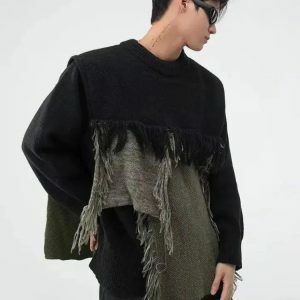 Fringe Patchwork Knitted Sweater - Y2K Aesthetic for Cozy Style