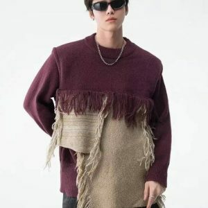 Fringe Patchwork Knitted Sweater - Y2K Aesthetic for Cozy Style