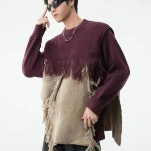 Fringe Patchwork Knitted Sweater - Y2K Aesthetic for Cozy Style