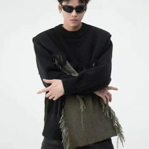 Fringe Patchwork Knitted Sweater - Y2K Aesthetic for Cozy Style