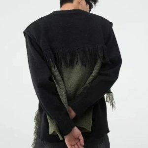 Fringe Patchwork Knitted Sweater - Y2K Aesthetic for Cozy Style