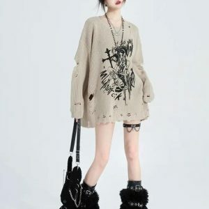 Goth Distressed Sweater: Y2K Grunge Style for Edgy Summer Outfits