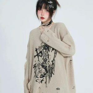 Goth Distressed Sweater: Y2K Grunge Style for Edgy Summer Outfits