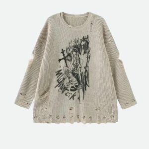 Goth Distressed Sweater: Y2K Grunge Style for Edgy Summer Outfits