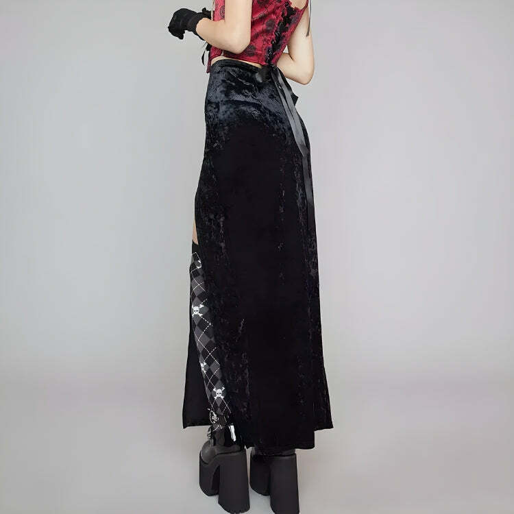 Goth Y2K Velvet High Split Midi Skirt for Grunge Aesthetic Outfits